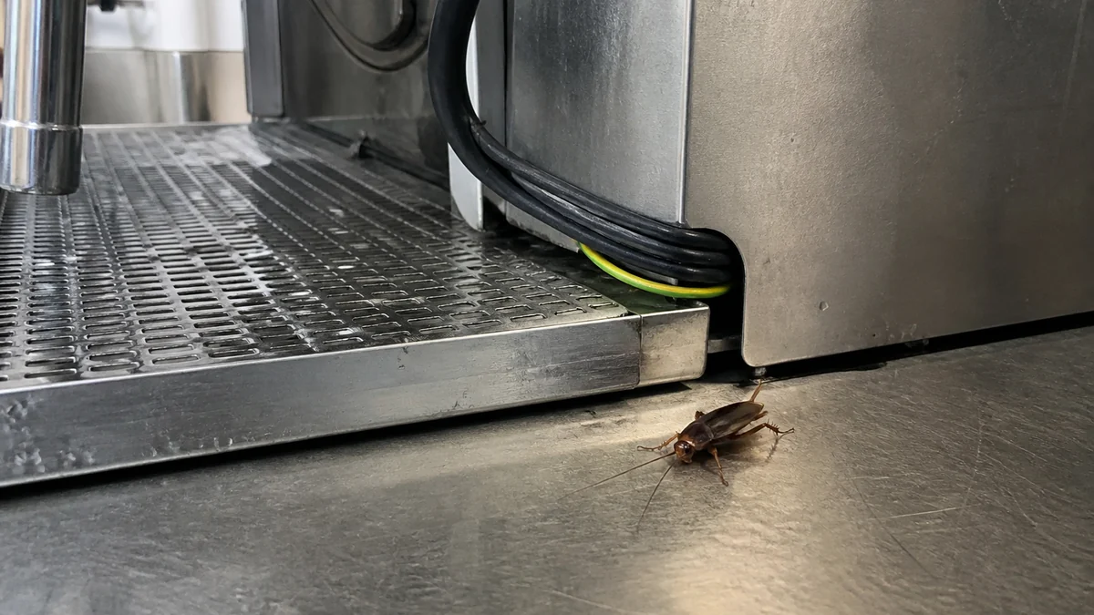 Zona posterior de una cafetera profesional de bar con bandeja, tubos y una cucaracha junto a un paso de cables