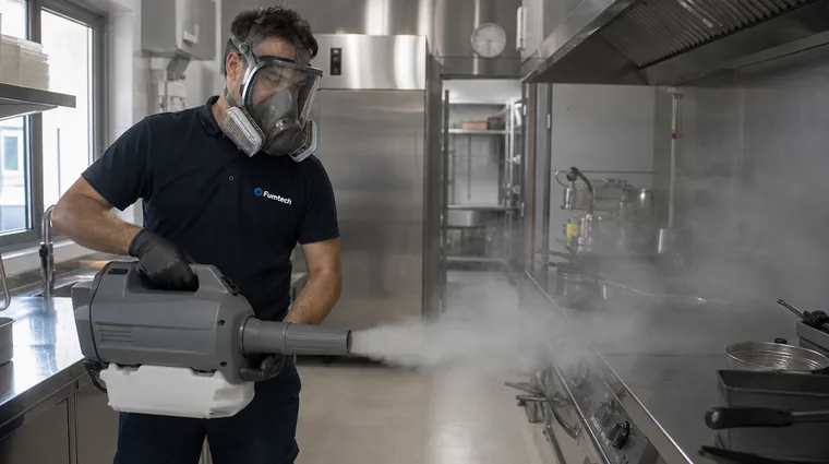 Técnico de Fumtech nebulizando un local en Sant Feliu de Llobregat